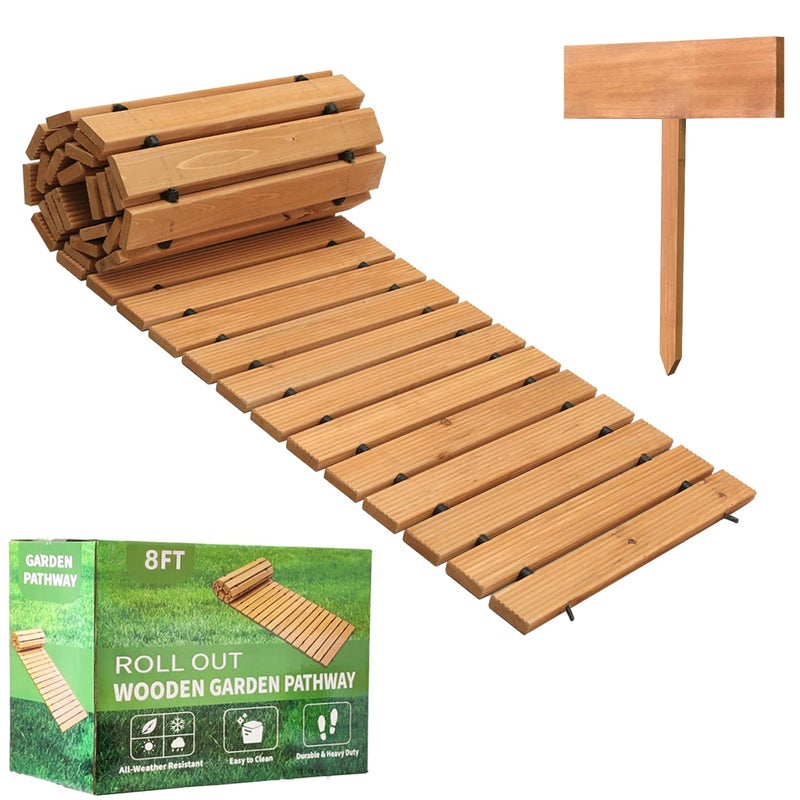 LINSHRY 8FT Wooden Garden Pathway, Outdoor Roll Out Garden Walkway, Weather-Resistant Decorative Garden Boardwalk Walkway Pavers for Patios, Backyard, Beach, Wedding Party Pathways - Image 1